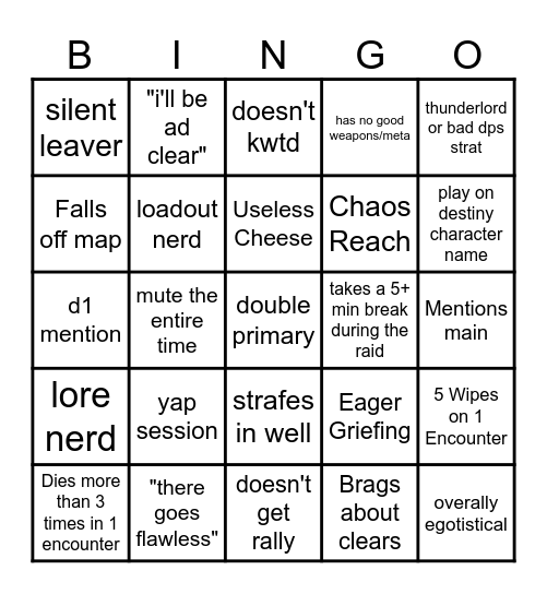 Destiny 2 Lfg Bingo Card