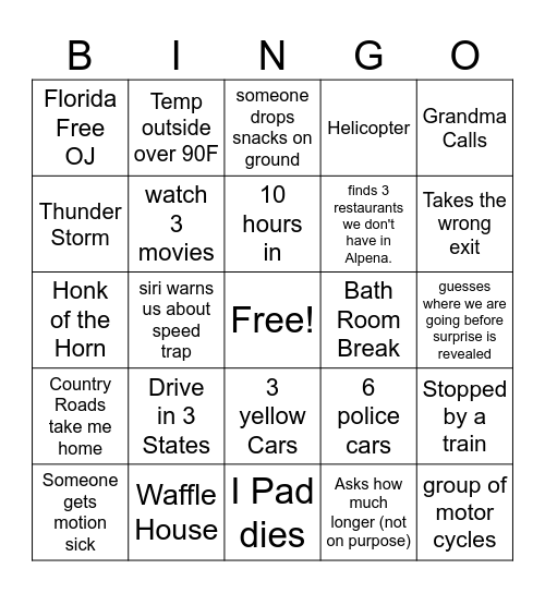 Road Trip Bingo Card