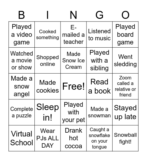 Snow Day Bingo Card