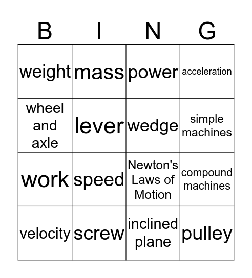 Work, Force, and Motion Bingo Card