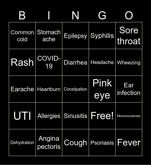 Common Illnesses Bingo Card
