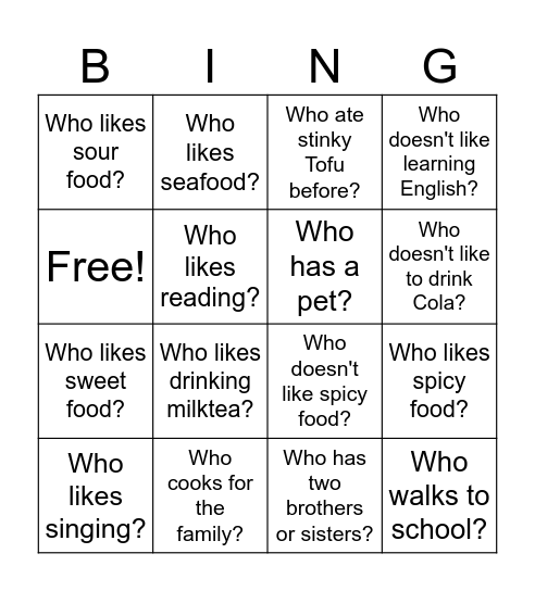 Food and Drink Bingo Card