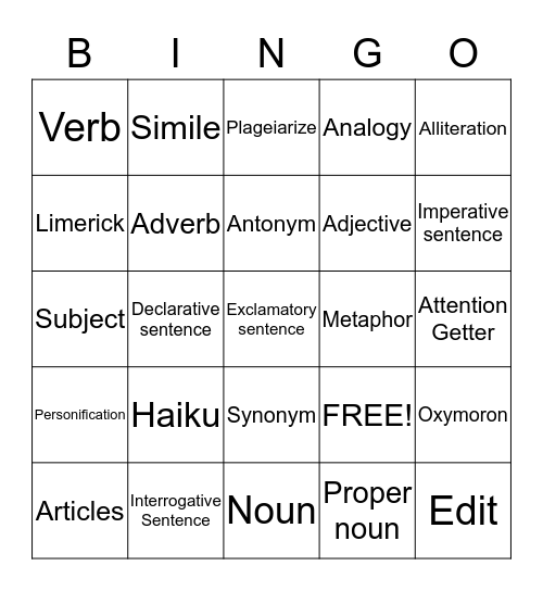 Language Arts  Bingo Card
