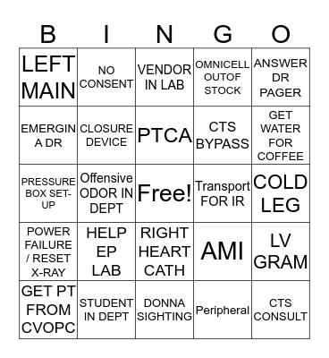 CATH LAB Bingo Card