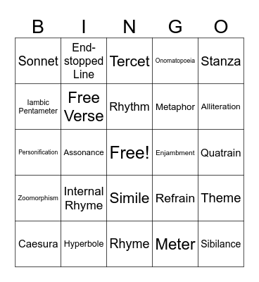 Poetry Terminology Bingo Card