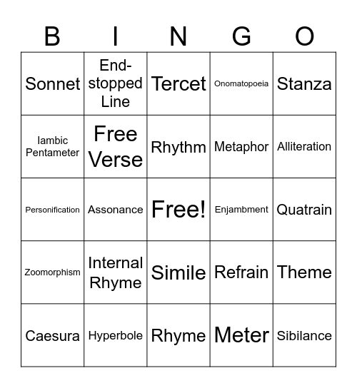 Poetry Terminology Bingo Card