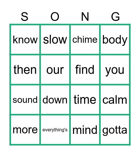 Calm Body, Calm Mind: Words Bingo Card