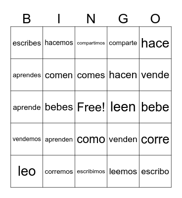er/ir verbs Spanish Bingo Card