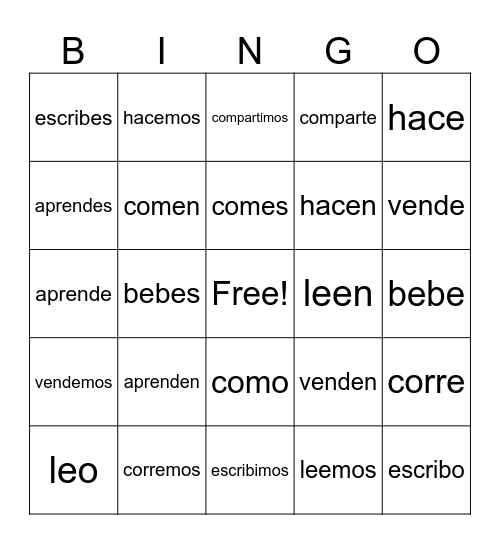 er/ir verbs Spanish Bingo Card