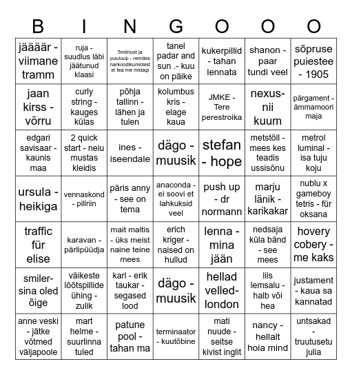 kosmose bingo Card