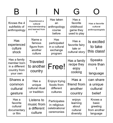 Cultural Bingo Card