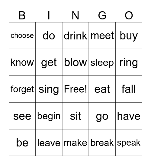 verbs in infinitive bingo Card