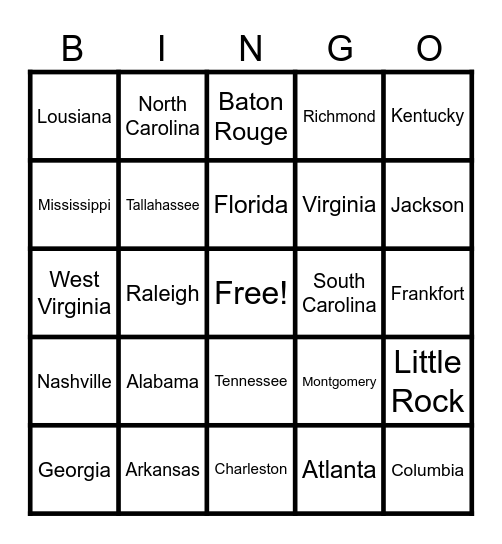 Southeast States Bingo Card