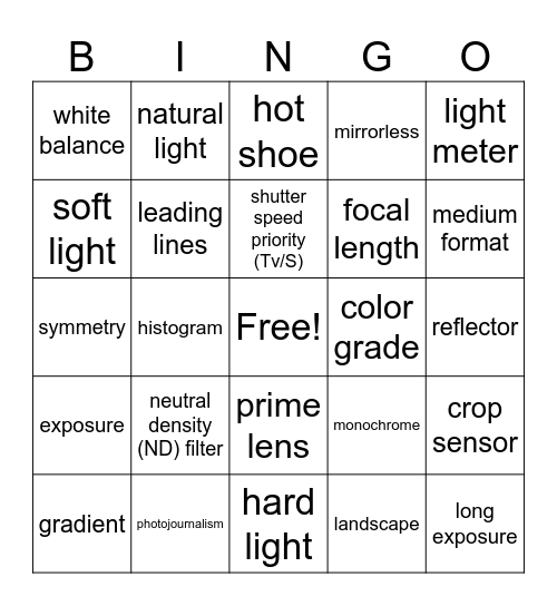 Photograhy Terms Bingo Card