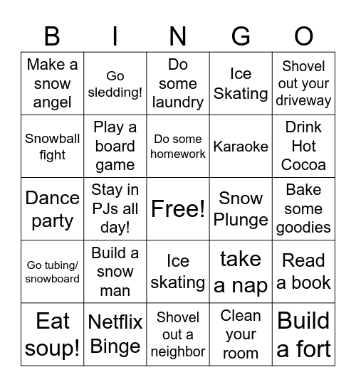 Snow Day Bingo Card