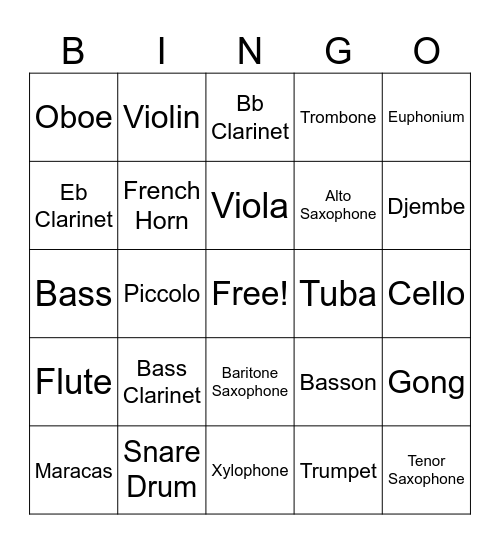 Instrument Families Bingo! Bingo Card