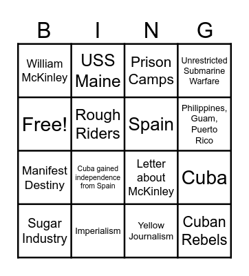 Spanish-American War Bingo Card