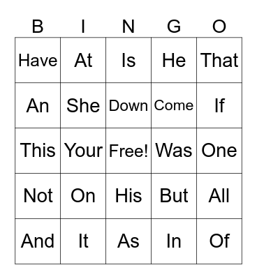 Sight Words Bingo Card