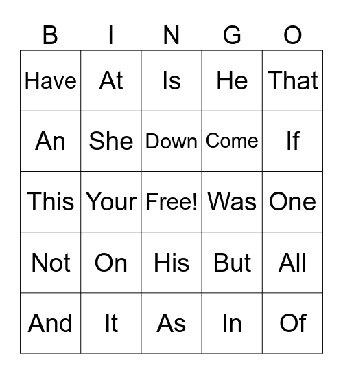 Sight Words Bingo Card