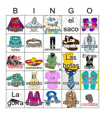 CCHS--Spanish 1, Unit 2 LA ROPA Bingo Card