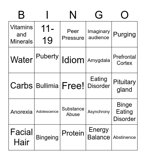 Ch.9 Adolescence Bingo Card