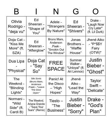 Pop/R&B Hits Bingo Card