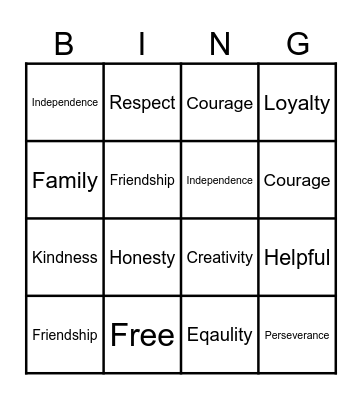 Behaviors and Values Bingo Card