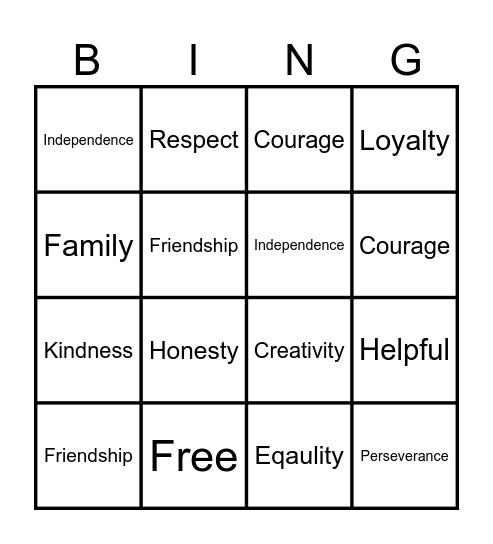 Behaviors and Values Bingo Card