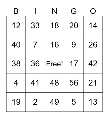 French Number Bingo Card