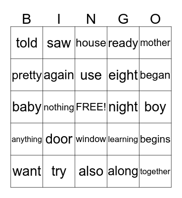 SIGHT WORD Bingo Card