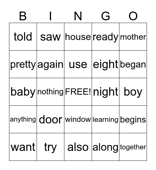 SIGHT WORD Bingo Card