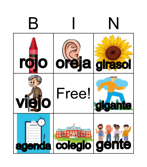 Palabras con ge,gi,j Bingo Card