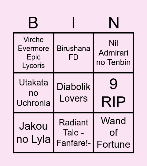 Aksys Otome Release Predictions Bingo Card