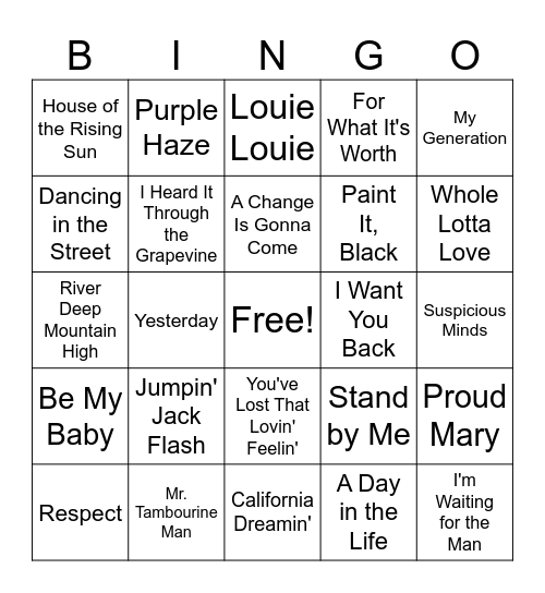 Music Bingo MAAG 1960 Bingo Card