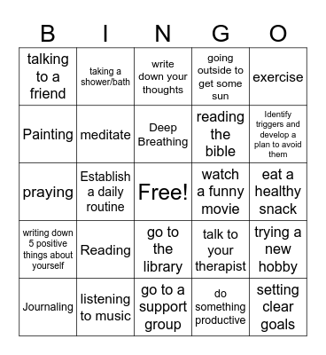 Coping Skills Bingo Card