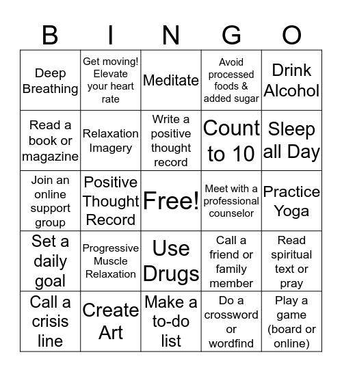 Coping Skills BINGO Card