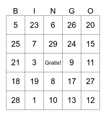 Spanish 1 - 31 Bingo Card