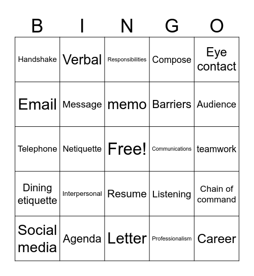 Business Communication Intro Bingo Card