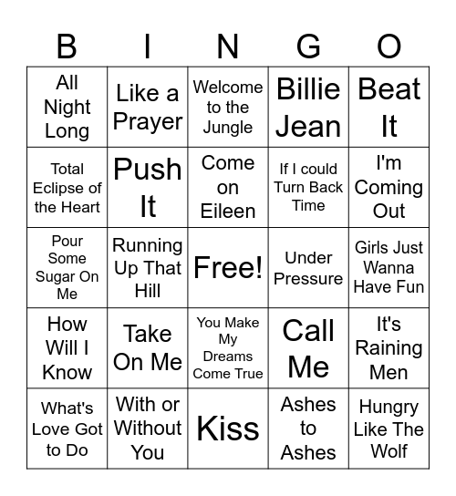 1980s Bingo By the Song Bingo Card