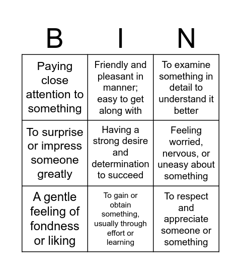 Meanings Bingo First Bingo Card