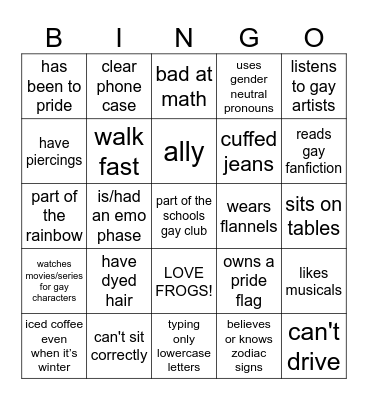 gay stereotype bingo Card