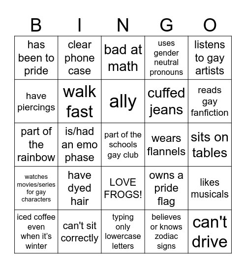 gay stereotype bingo Card