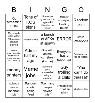 GMod DarkRP Bingo Card