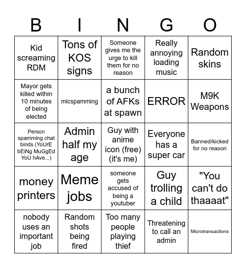 GMod DarkRP Bingo Card