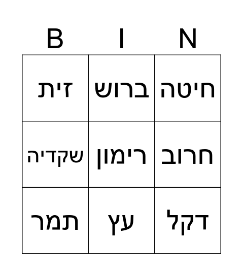 בינגו טו בשבט Bingo Card
