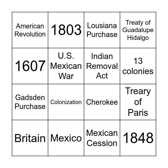 Westward Expansion/Jackson/U.S. Mexican War Bingo Card