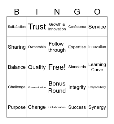 Company Values Bingo Card