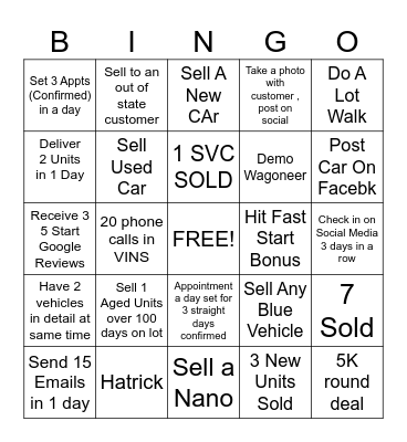 CAR SALES BINGO Card