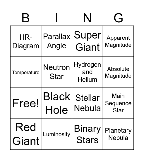 Types of Stars Bingo Card