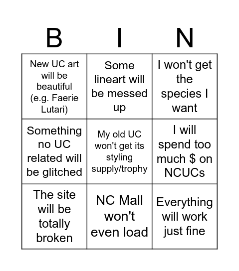 Neopets UC bingo Card